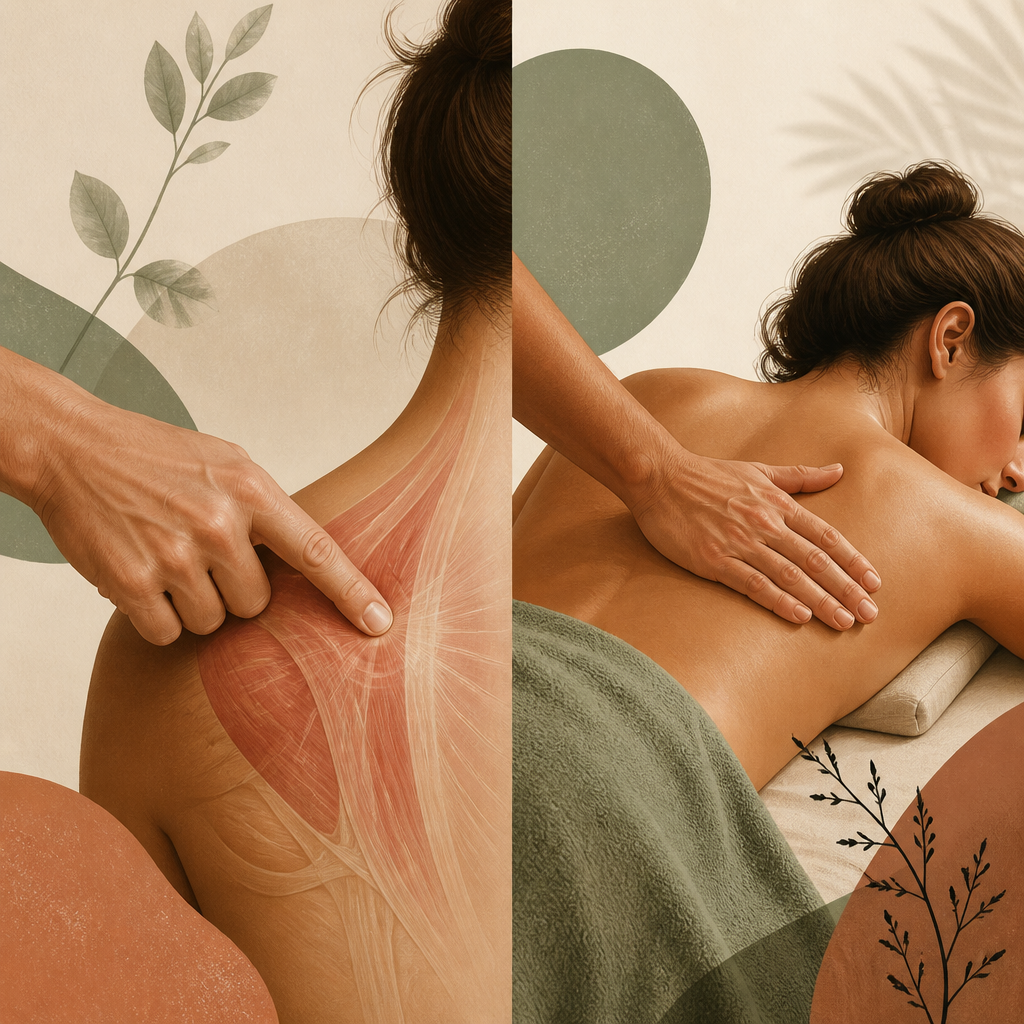 Deep tissue massage versus firm pressure in Cincinnati, Ohio, shown as precise focused technique beside broad back pressure